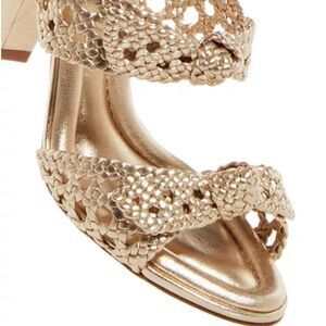 Alexandre Birman Clarita Braided Block Heel Sandals, Golden, New, Size 37.5